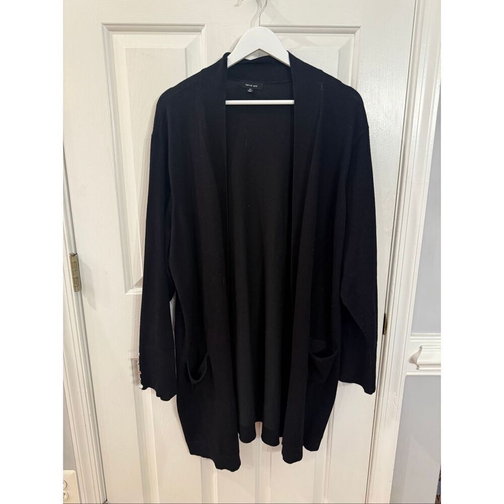 Verve Ami Black Open Front Silver Button Sleeve Long Line Cardigan Sweater sz 2X